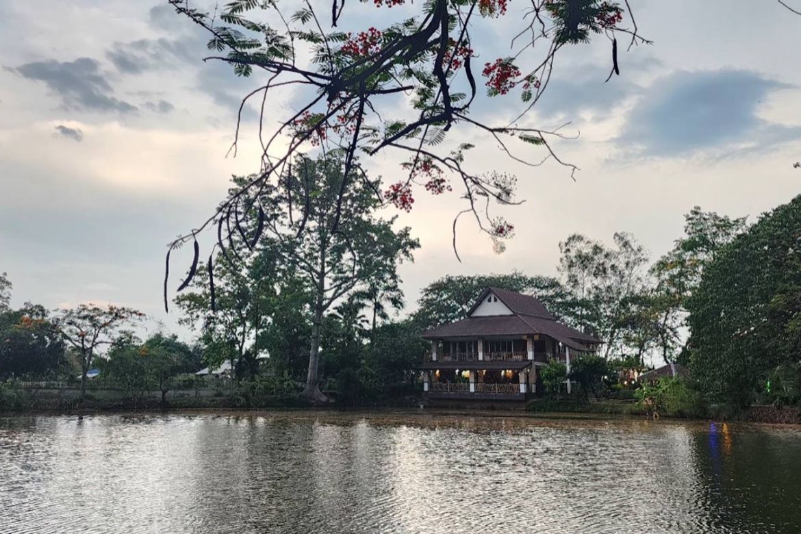 A large fishing park with restaurant for sale in Saraphi